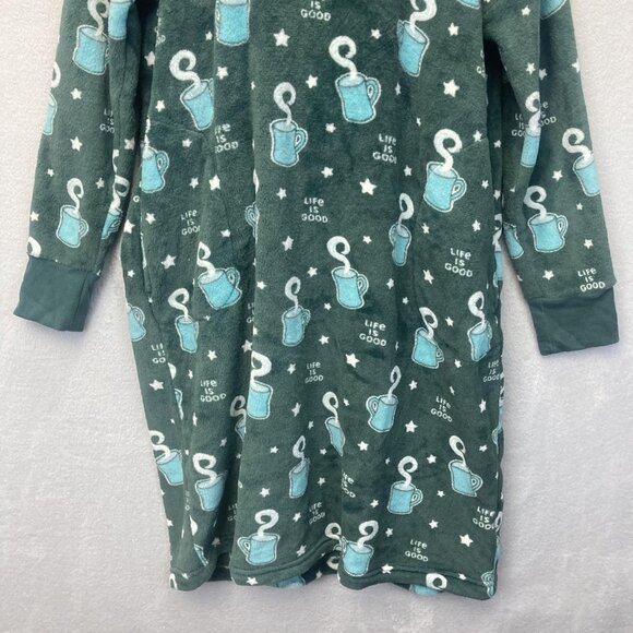 Life Is Good Fleece Hooded Nightgown Womens Medium M Green Mug Coffee Pockets - Picture 7 of 14